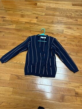 Navy Button-Up Cardigan with Thin Cream Stripes- Nordstrom